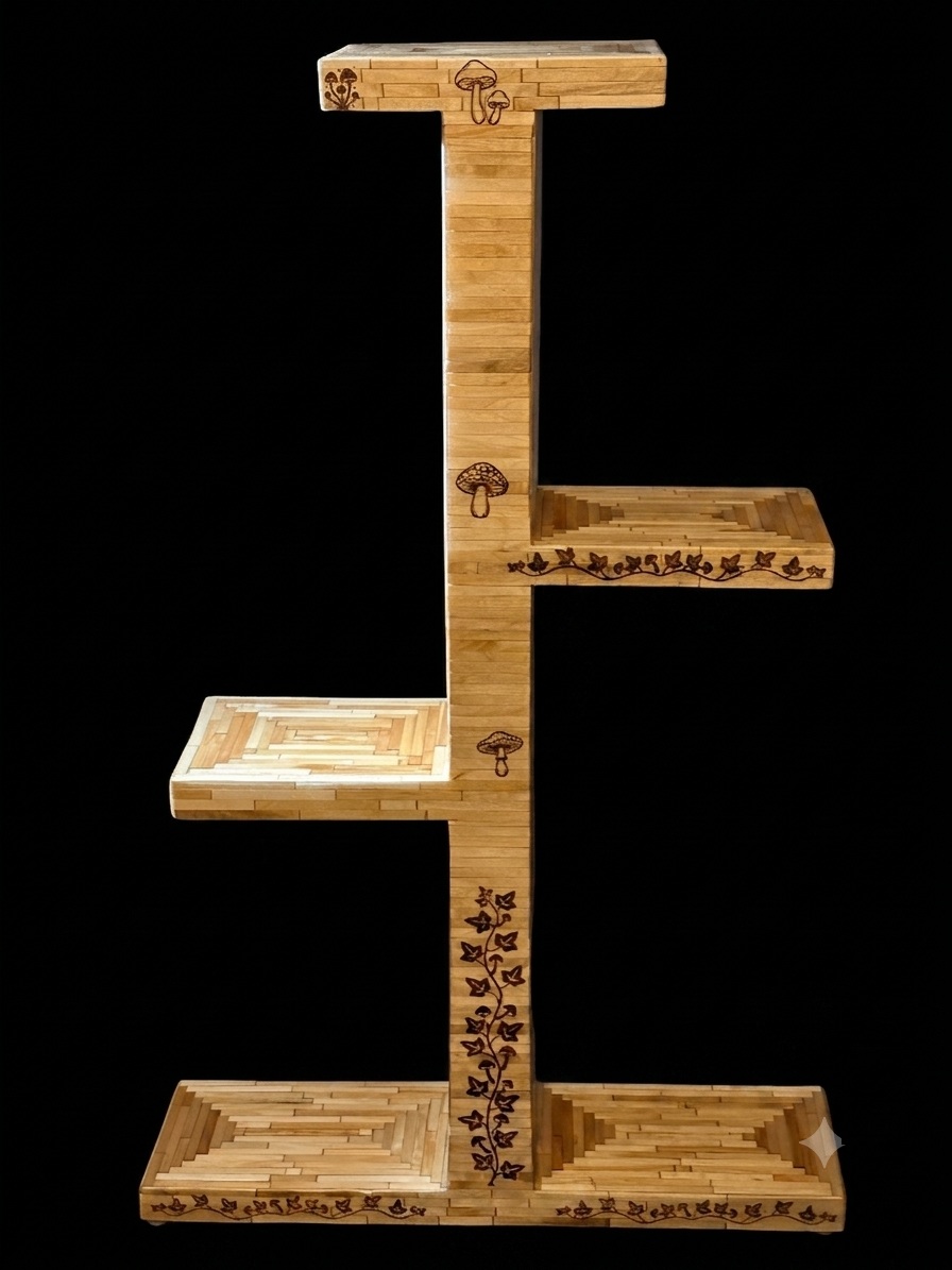 Understory plant stand with mushroom and ivy burning - front