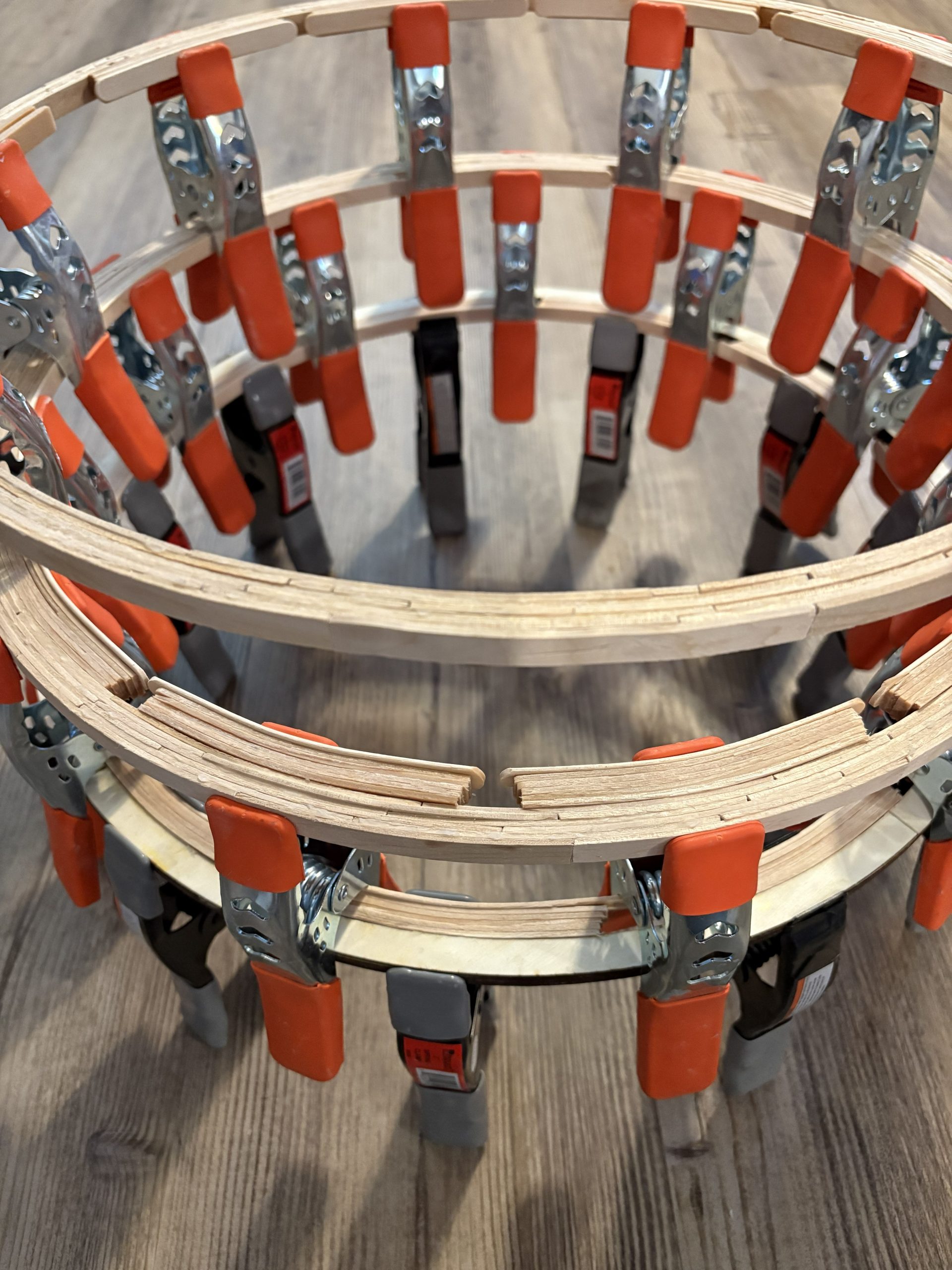 Clamps holding a curve while glue dries